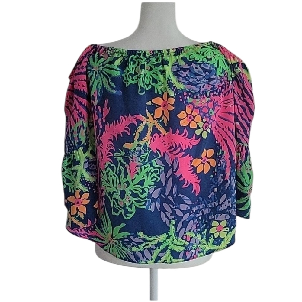 Lilly Pulitzer Sanilla Silk Off The Shoulder "Indigo All A Glow" Print Size S - Picture 4 of 13